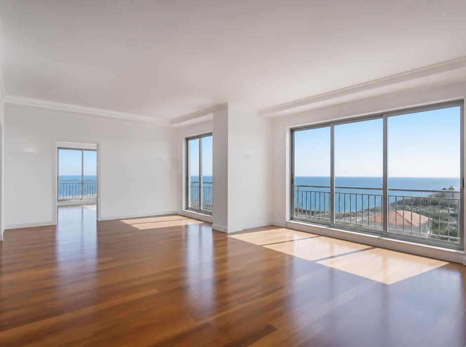 Spotless empty apartment with polished floors and coastal views