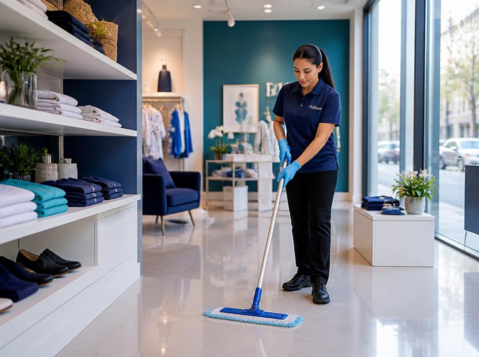 Commercial cleaner mopping a polished retail boutique floor