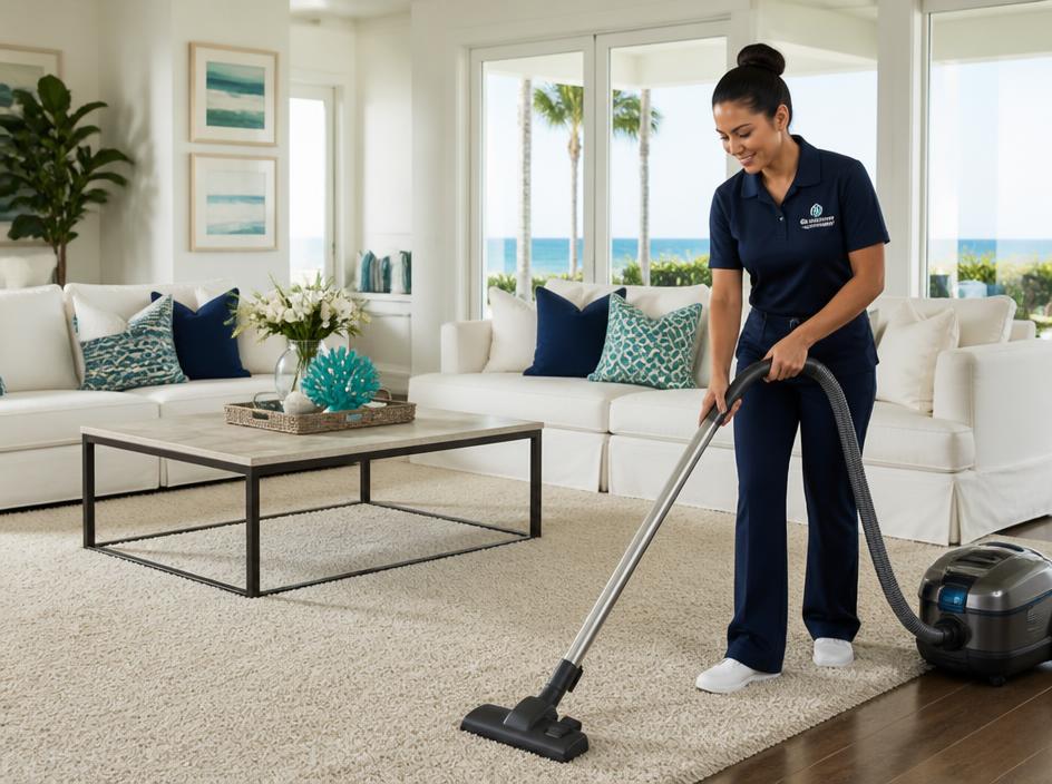 Professional housekeeper vacuuming a bright coastal living room