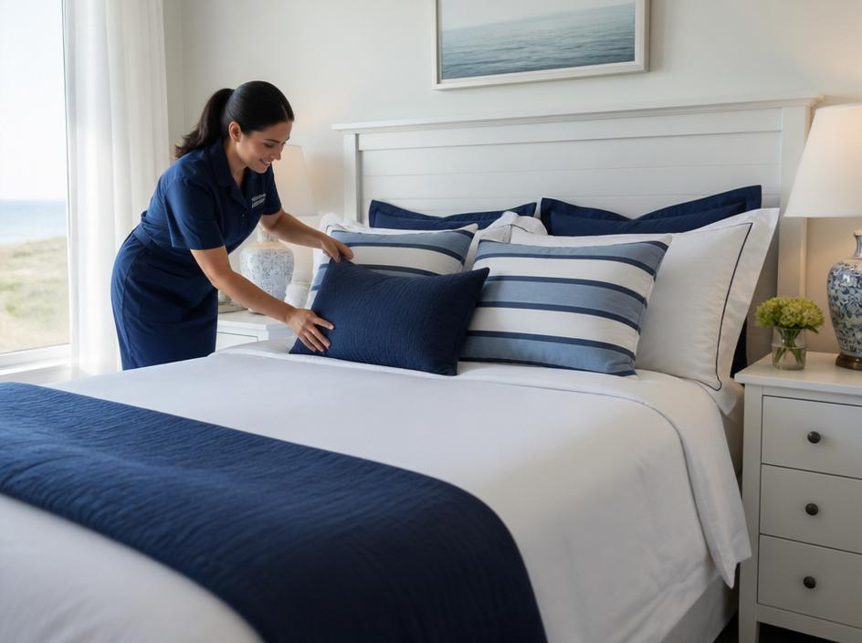 Recurring bedroom cleaning service with white and navy bedding