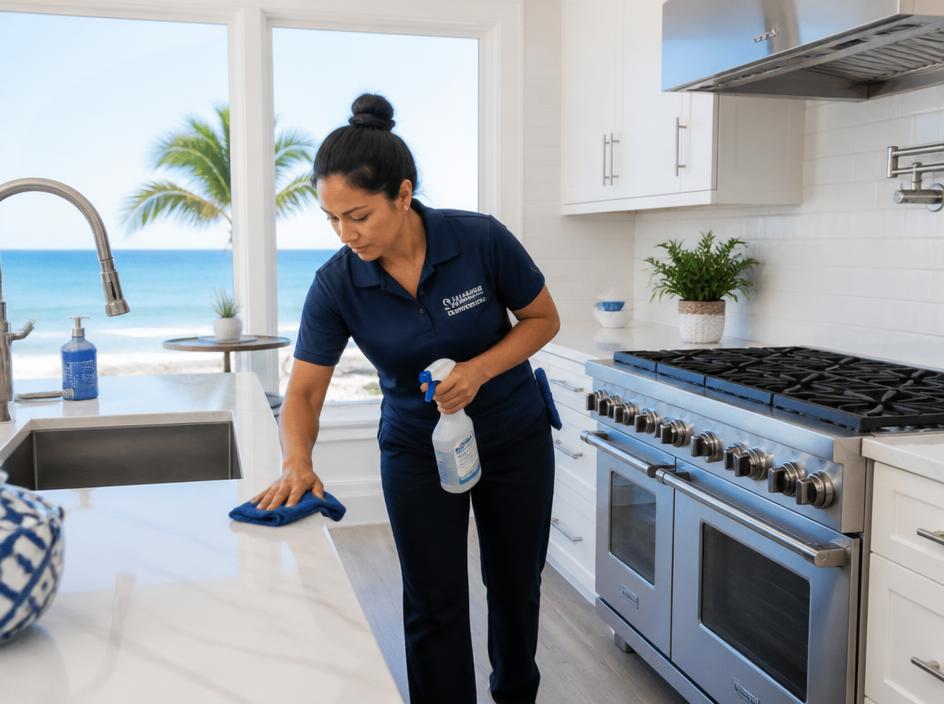 Deep cleaning a luxury kitchen counter and stainless steel appliances