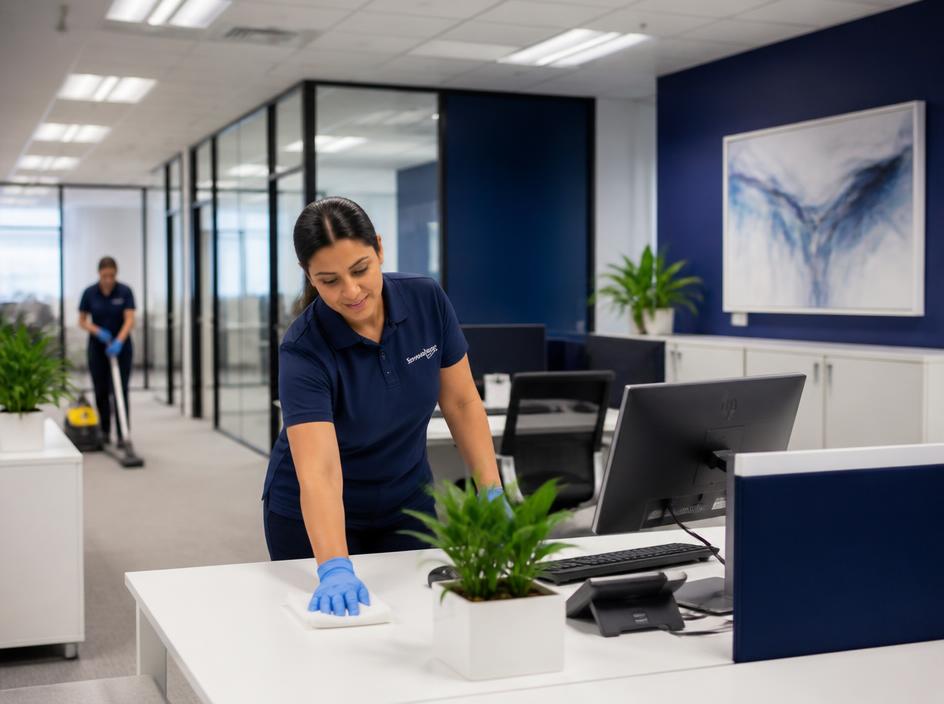 Professional office cleaner wiping a modern workspace desk