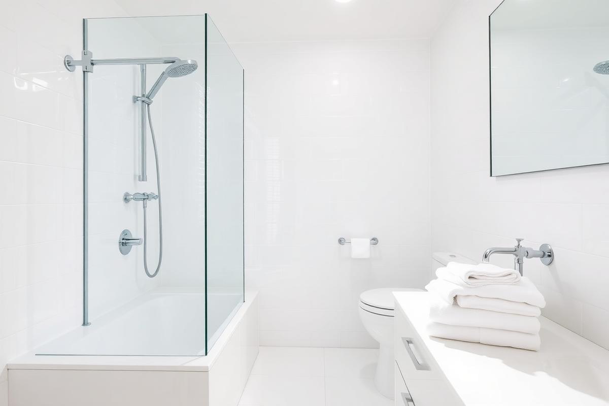 Sparkling white bathroom with clear glass shower after cleaning