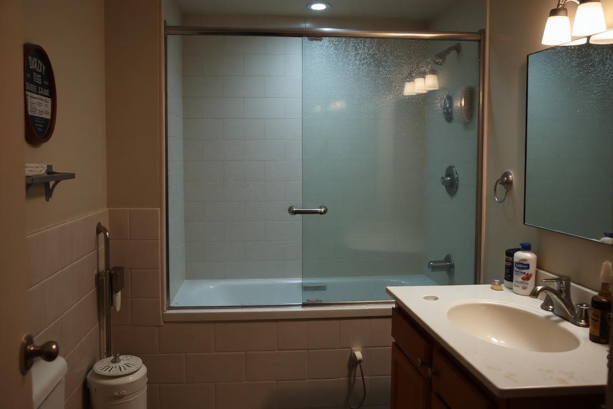 Bathroom with soap scum and clutter before cleaning