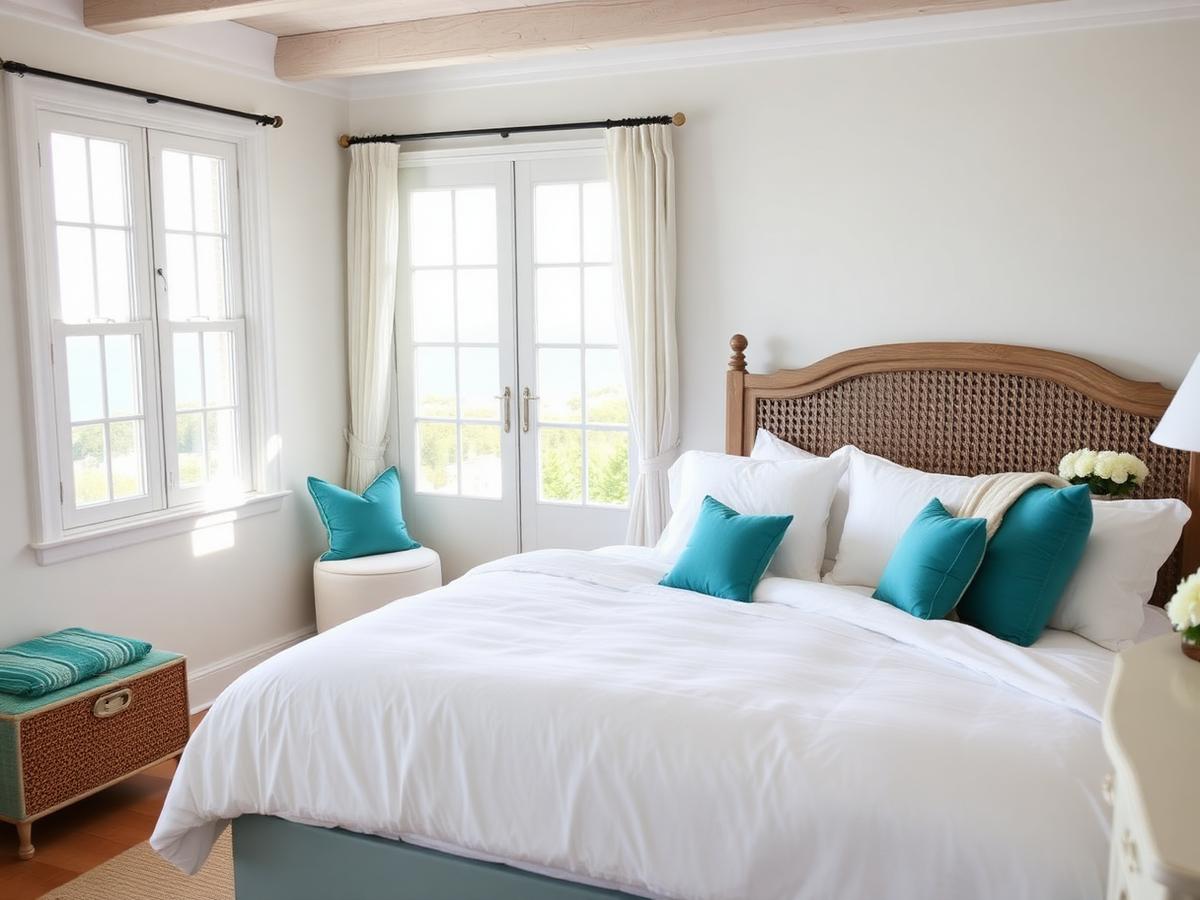 Immaculately cleaned coastal bedroom with crisp white linens