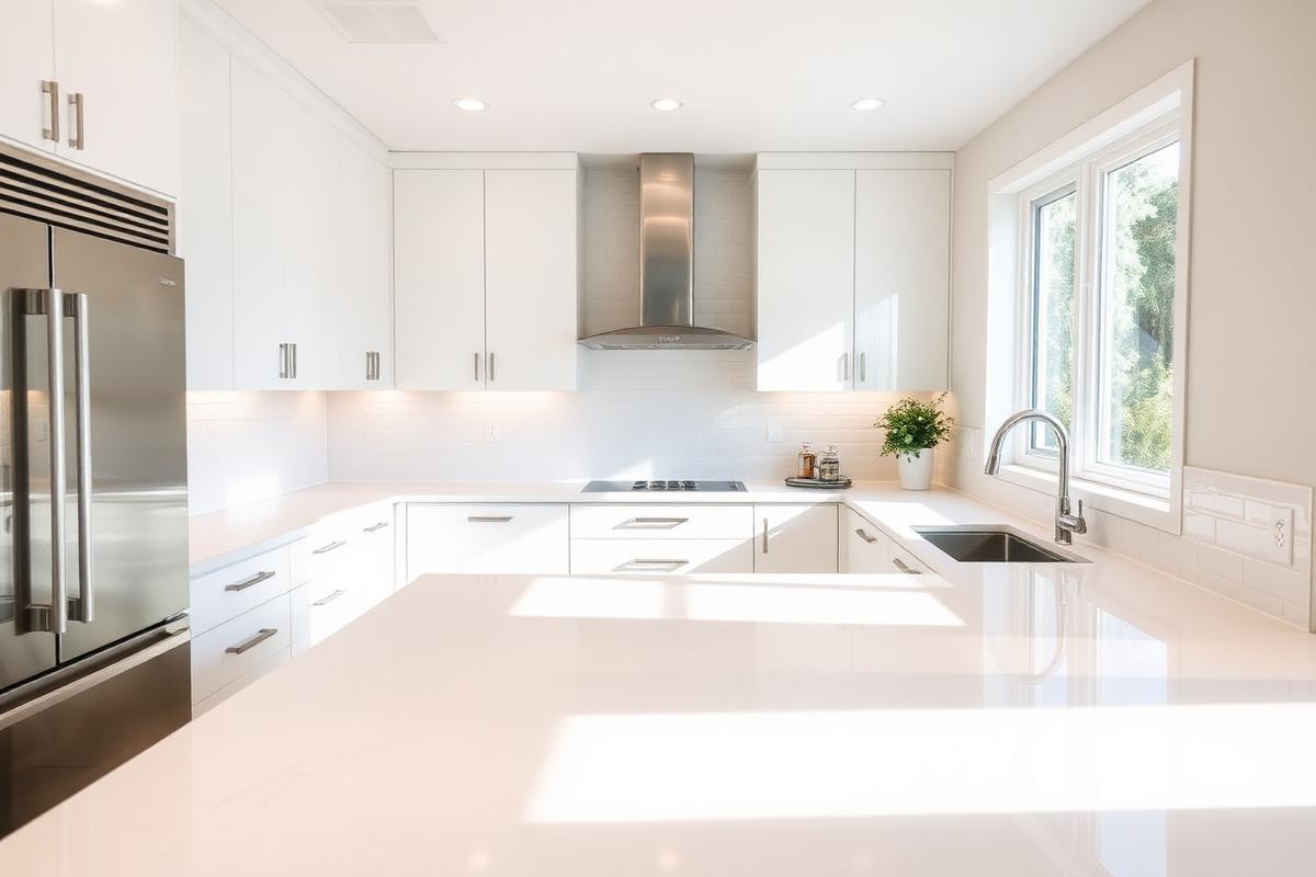 Gleaming white kitchen with spotless counters after deep cleaning