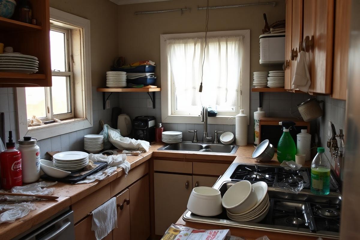 Cluttered kitchen with dishes and stained counters before cleaning